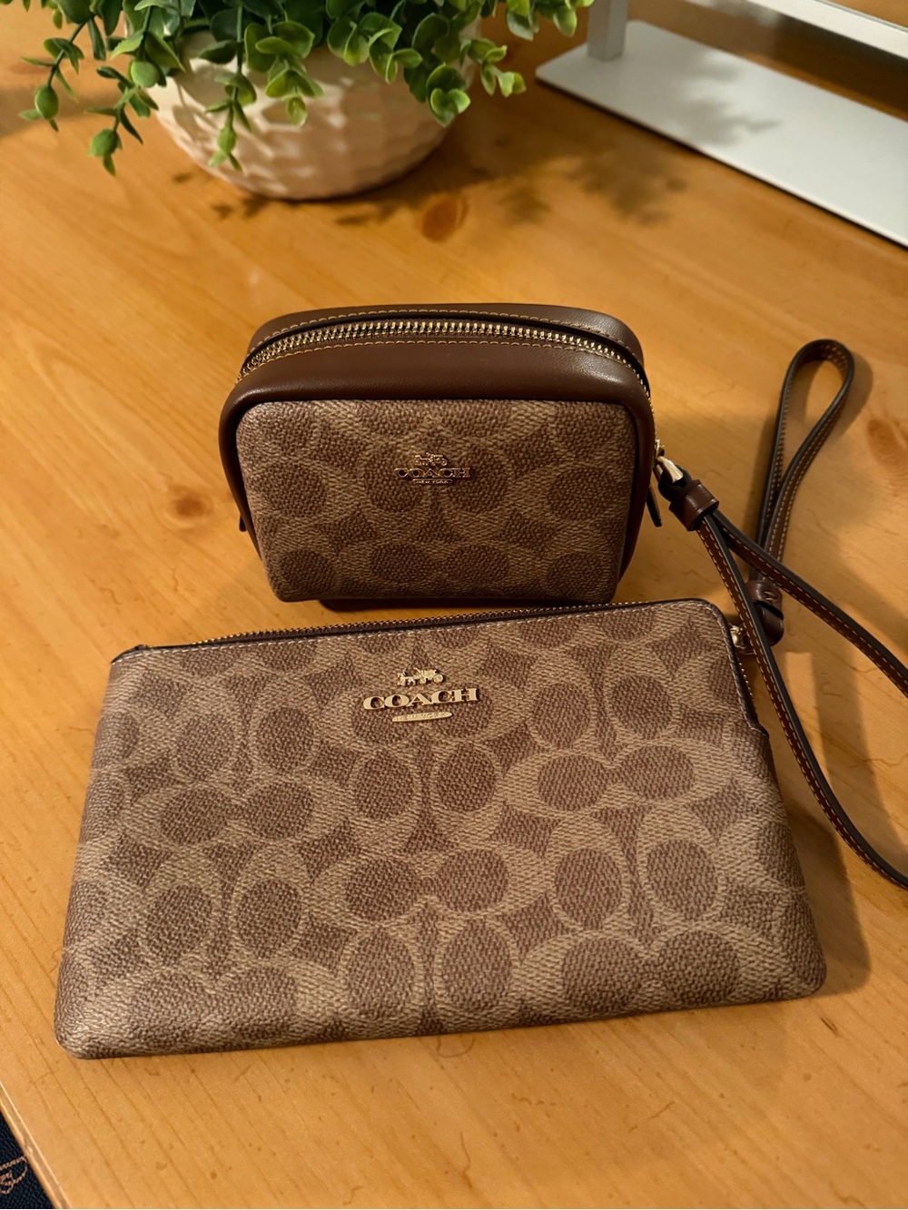 Coach Signature Canvas Wristlet and Coin Pouch in Brown. SET OF 2.